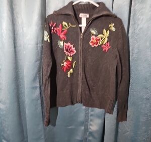 Gray and Red Embroidered Floral Cardigan Sweater